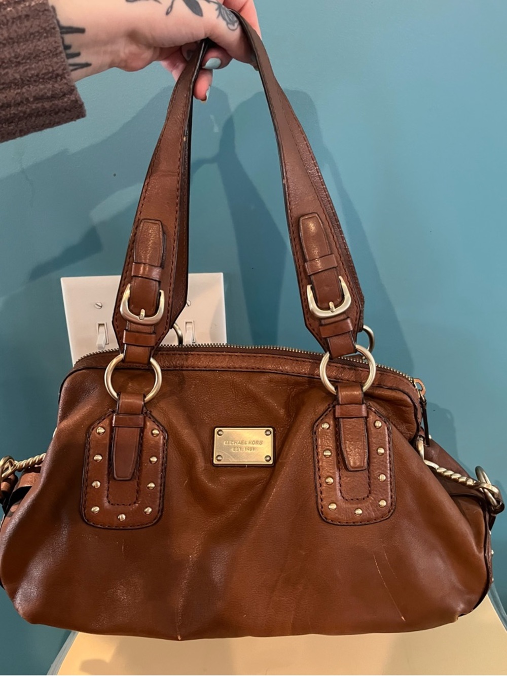 Michael Kors Brown Leather Studded Shoulder Bag with Gold Hardware